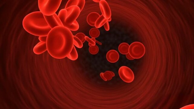 Red blood cells flowing through a blood vessel, close-up, medical illustration, dynamic motion, 3D rendering, Proyek Baru reference