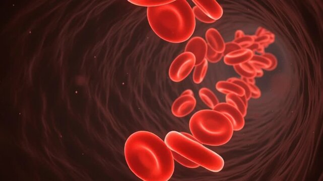 Red blood cells flowing through a dark vessel in a circular motion, captured from a microscopic viewpoint