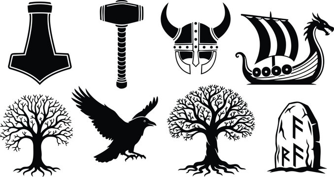 Vector silhouette viking icon set with mjolnir hammer standing hammer helmet with horns longship attacking raven yggdrasil tree and runestone dark flat design bold black silhouettes