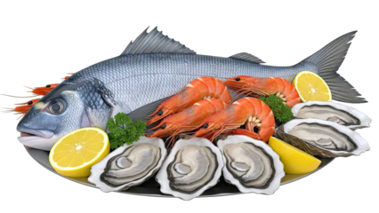 Seafood Platter with Fish, Shrimp, Oysters, and Lemon