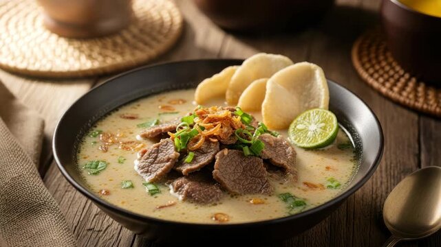 Traditional culinary dish in black bowl with garnish