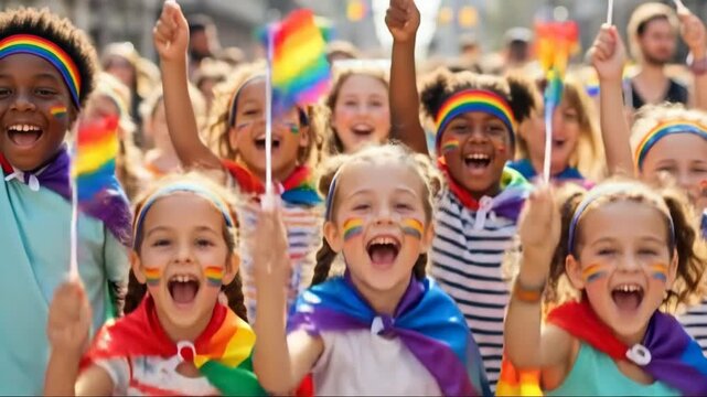Joyful pride celebration with diverse kids waving rainbow flags in unity and happiness