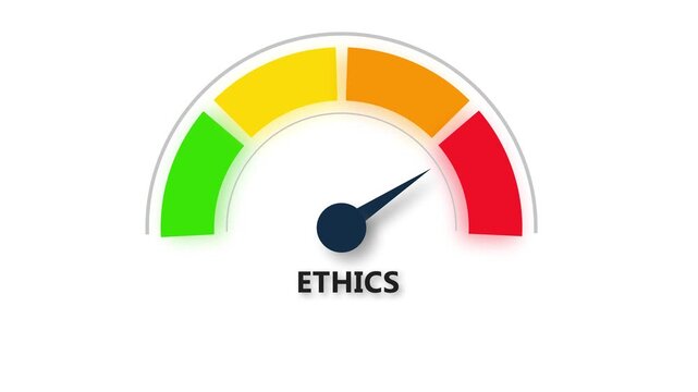 Ethics high, text, word level concept with barometer or tachometer meter on black background.