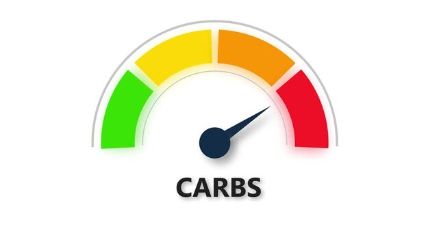 Carbs low level concept with barometer or tachometer meter on black background. Ideal for health, diet, nutrition, fitness, and low-carb lifestyle educational