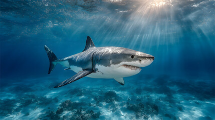 Dramatic underwater encounter with the king of the ocean in glowing blue water.
