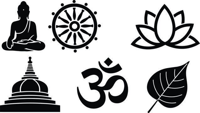 Minimalist icon set top view spiritual buddhist symbols buddha dharmachakra lotus stupa om bodhi leaf black silhouette vector art for meditation serene calming flat