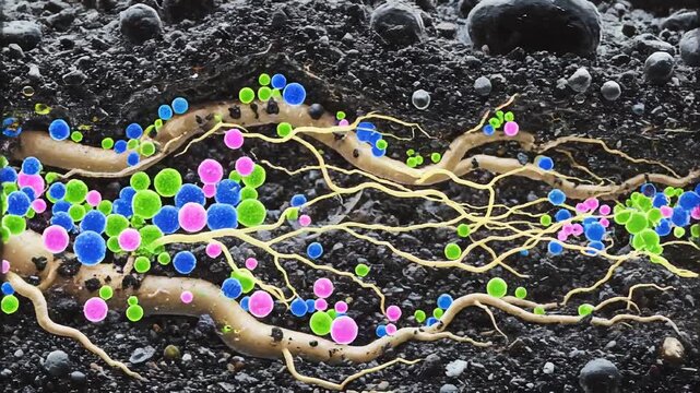 Colorful microorganisms surround a root in rich soil