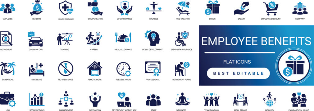 Employee Benefits Solid Icon Set Health, Insurance, Pension, Bonus, Salary, Vacation, Wellness, Perks, Retirement, Compensation Professional Vector Editable