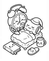 authentic human lifestyle concept Cute Kawaii Coloring Page of a Sleeping Pillow in Bed with Happy Alarm Clock. Sweet Dreams Bedtime Doodle Illustration for Children. modern commercial stock usage