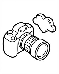 authentic human lifestyle concept Adorable smiling cartoon camera character outline. Kawaii DSLR photography icon for coloring book pages, children's activities, and educational material. modern comme