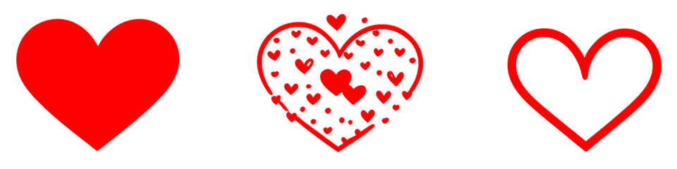 Red heart icons in solid, decorative, and outline styles arranged in a horizontal set isolated on white background in clean vector design.