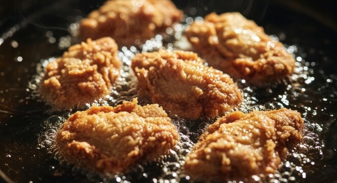 Crispy golden chicken pieces sizzling in hot oil, a delicious homemade meal.