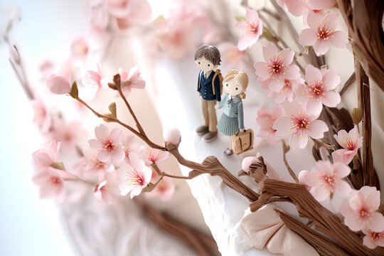 桜の花と新入生の男女 入学・入園・卒業・卒園の春 3D
