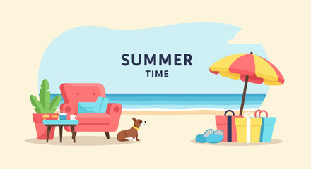 Naklejka premium A beach scene with a chair, dog, and beach umbrella with gifts