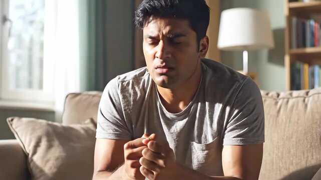 Young man sits on cozy sofa in living room, anxiously rubbing and cracking his knuckles with tense expression, stress moment captures inner anxiety, stress moment radiates emotional pressure.