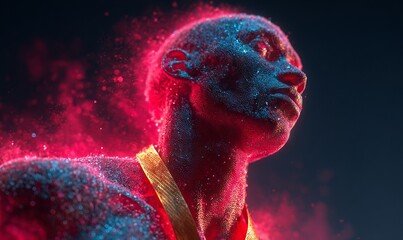 Athlete in Vibrant Powder Explosion with Gold Medal Striking Pose of Triumph