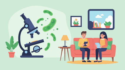 A couple studies microbes using a microscope in a cozy living room setting