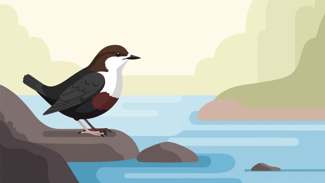 A dipper bird rests on a rock by a tranquil stream with gentle hills in background