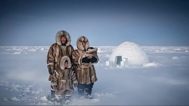Family in traditional clothing exploring arctic landscape near igloo