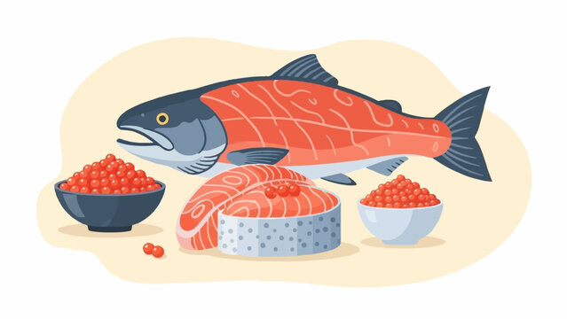 A colorful illustration of a whole salmon, steaks, and bowls of red caviar