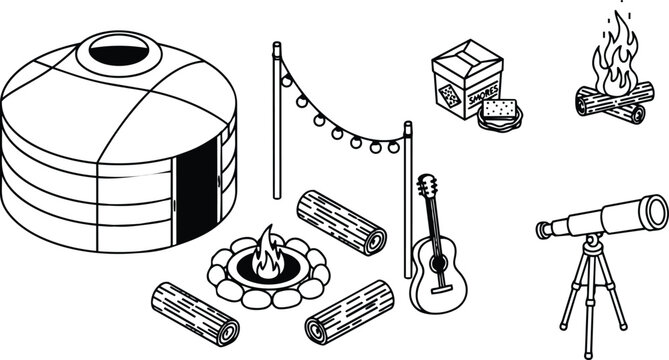 Flat design isometric yurt camp scene close up stone fire pit three logs acoustic guitar telescope on tripod smores box hanging string lights warm evening glow
