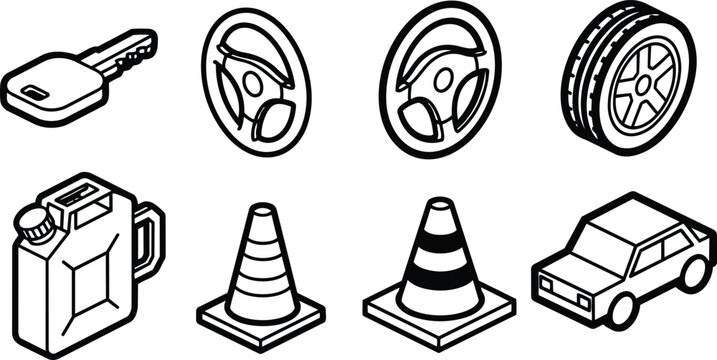 Isometric line art car icons set showing car key steering wheel two tires fuel can traffic cones and compact car three quarter angle with bold outline