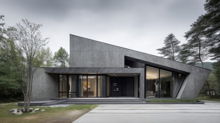Fototapeta premium Modern architectural design of a sleek concrete house surrounded by nature with large windows and minimalist aesthetic capturing contemporary living