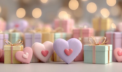 Colorful Heart-Shaped Decor with Gift Boxes in a Festive Background