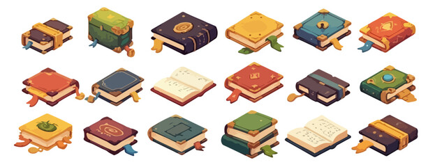 Zestaw izometrycznych, stylizowanych ksiąg i tom&oacute;w z zakładkami na przezroczystym tle