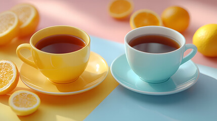 Colorful Coffee Cups: An enticing close-up showcases an array of vibrantly hued coffee cups with saucers, exuding warmth and charm