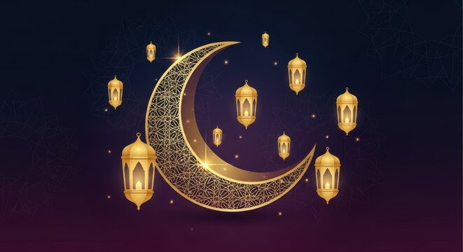 Golden ornamental crescent moon surrounded by glowing traditional lanterns on dark purple background with geometric patterns for ramadan kareem and eid celebration