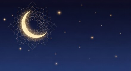 Crescent moon and stars shine brightly against dark blue night sky, intricate islamic geometric pattern surrounding moon, ramadan mubarak background