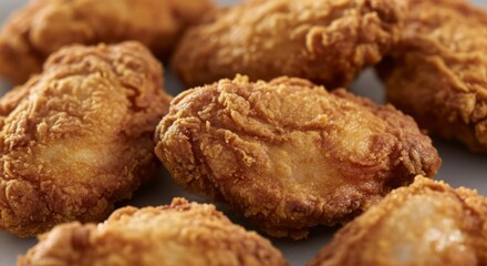 Crispy golden fried chicken pieces, a delicious and savory comfort food close-up.