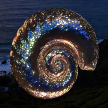 Shell with bright colors and patterns set against a blue ocean background at sunset