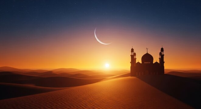 Ramadan kareem greeting with a beautiful mosque silhouette in vast desert landscape, illuminated by a warm sunrise and crescent moon in sky