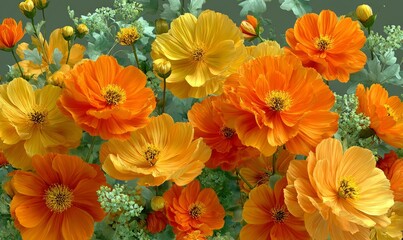 Vibrant Orange and Yellow Flowers Against a Soft Green Background for Spring Decor