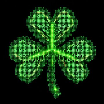 Green four leaf clover design with pixel art style created on a black background by using bright green dots
