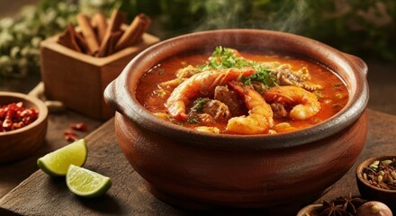 Hearty seafood stew served in rustic clay pot with lime and spices