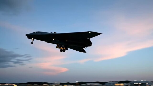 A stealth bomber is taking off from a runway at dusk. The aircraft is a distinctive flying-wing design.