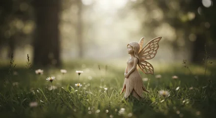 Sierkussen Meisjeskamer Whimsical fairy in Enchanted meadow: An intricately designed fairy figurine with delicate wings stands amidst a vibrant meadow, conjuring a sense of wonder and enchantment.   © CrazyJuke