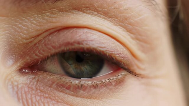 An ultra extreme close-up macro video of a single human eye with light-toned skin, emerald-green iris, and long lashes, slowly opening with soft bokeh. Concept of awakening awareness