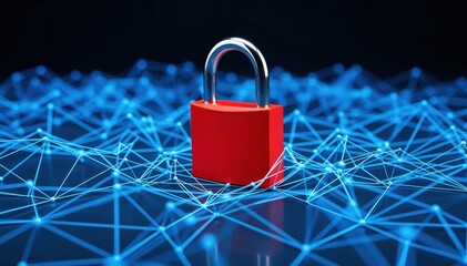 Cybersecurity Sentinel: A bold red padlock stands as a powerful symbol of digital security, safeguarding sensitive data within a network of interconnected nodes.
