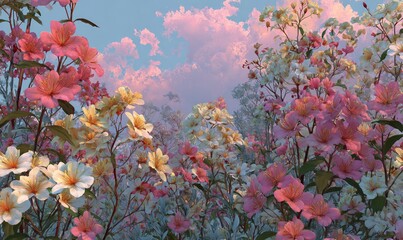 Vibrant Spring Blossoms Against a Colorful Sky with Soft Cloud Patterns