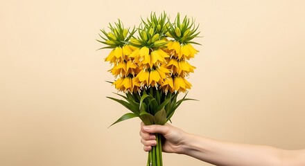 Fototapeta premium hand holding a bouquet of yellow crown imperial flowers