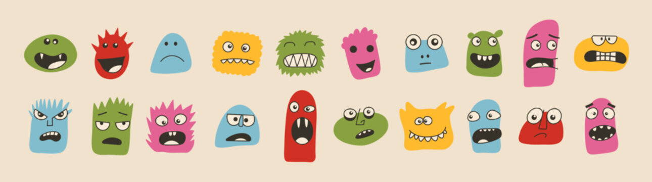 Set of cute cartoon face illustrations with funny expressions in retro 70s style. Hand drawn doodle characters and emoji icons for stickers, posters, social media, branding, and modern projects