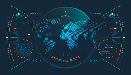 military radar technology, graphic of lined world map interface with futuristic element