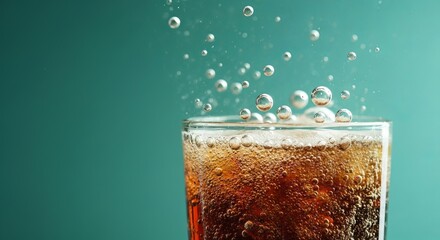 Refreshing fizzy drink with rising bubbles in a clear glass against a teal background