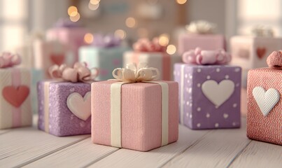 Colorful Gift Boxes with Ribbons and Hearts for Special Celebrations