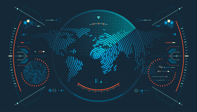 military radar technology, graphic of lined world map interface with futuristic element