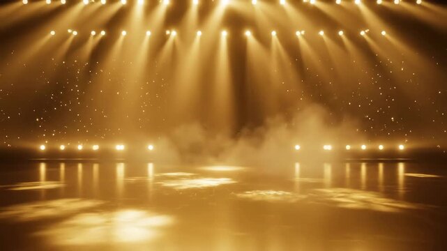 Empty stage with golden spotlights and smoke, perfect for product display or performance background.